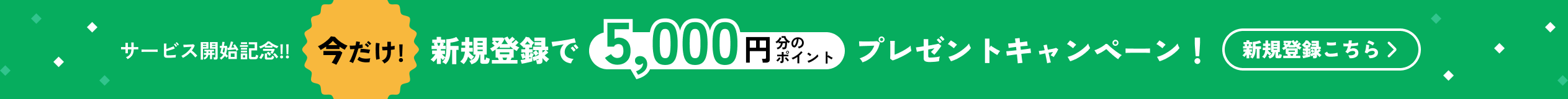 サービス開始記念、今だけ！新規登録で5000円分のポイントプレゼントキャンペーン